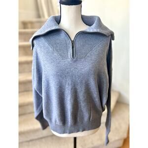 Tahari Steel Blue Ribbed Johnny Collar Quarter Zip Long Sleeve Sweater